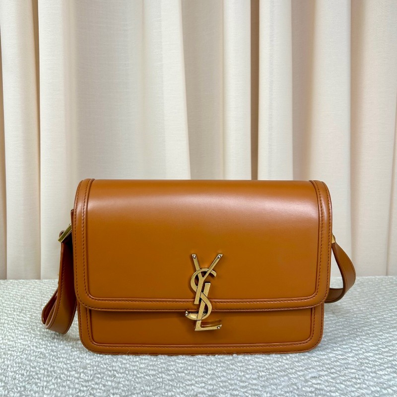 聖羅蘭YSL金標Logo小牛皮豆腐包 黃褐色 可單肩可斜挎 容量實用 日常百搭-5