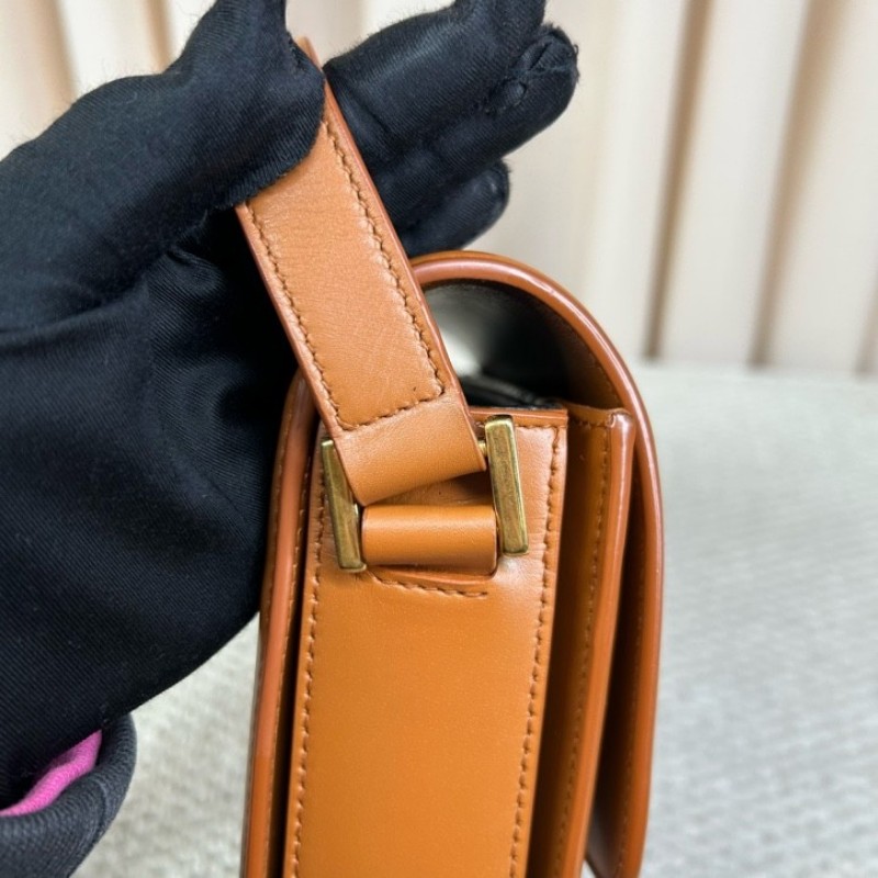 聖羅蘭YSL金標Logo小牛皮豆腐包 黃褐色 可單肩可斜挎 容量實用 日常百搭-12