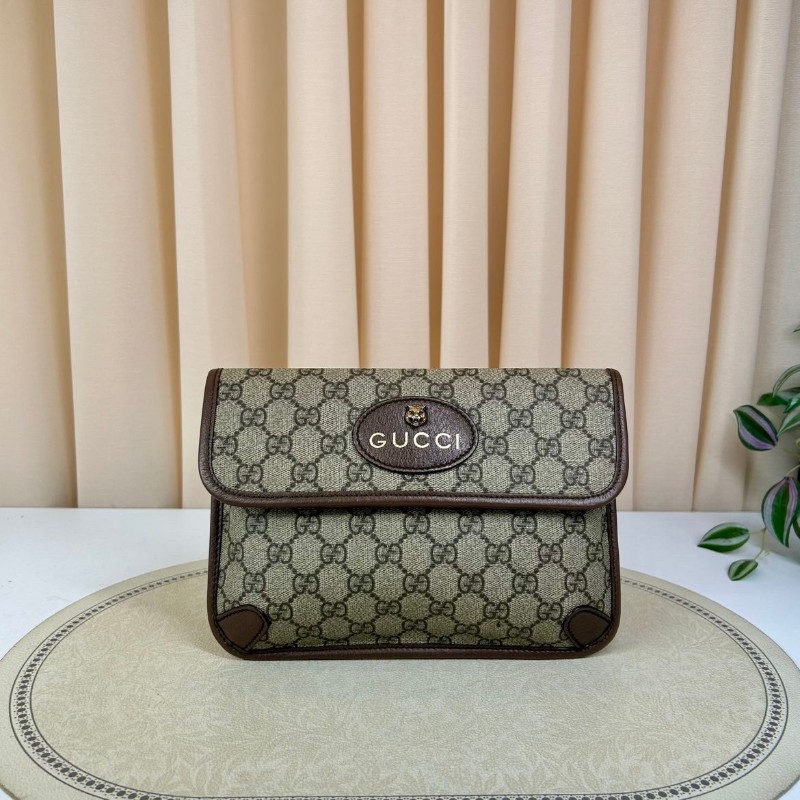 GUCCI古馳Neo Vintage系列  燙金徽標老花滿印虎頭裝飾條紋肩帶 帆布拼皮 郵差包 腰包斜挎包  烏木色/棕色-0