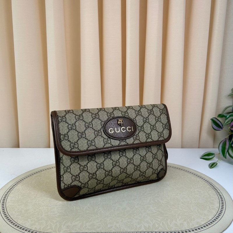 GUCCI古馳Neo Vintage系列  燙金徽標老花滿印虎頭裝飾條紋肩帶 帆布拼皮 郵差包 腰包斜挎包  烏木色/棕色-2