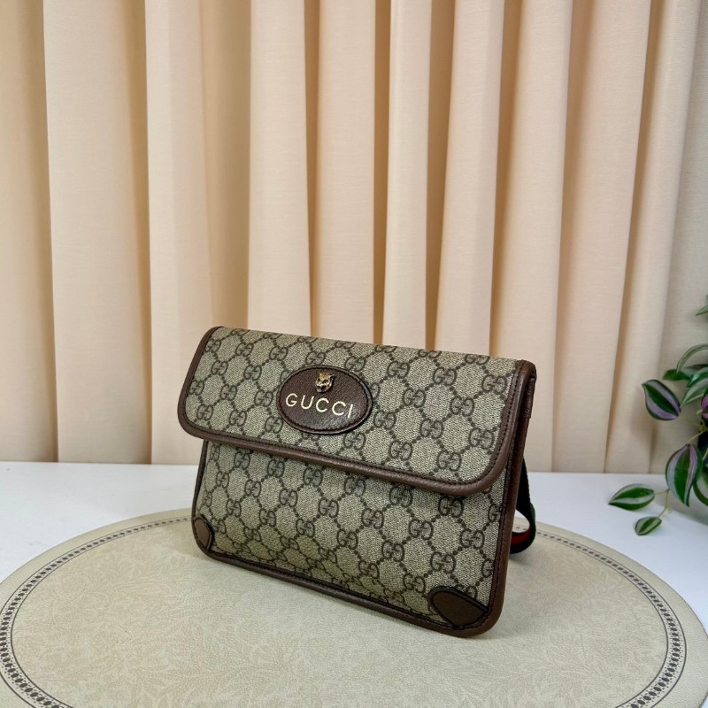 GUCCI古馳Neo Vintage系列  燙金徽標老花滿印虎頭裝飾條紋肩帶 帆布拼皮 郵差包 腰包斜挎包  烏木色/棕色-3