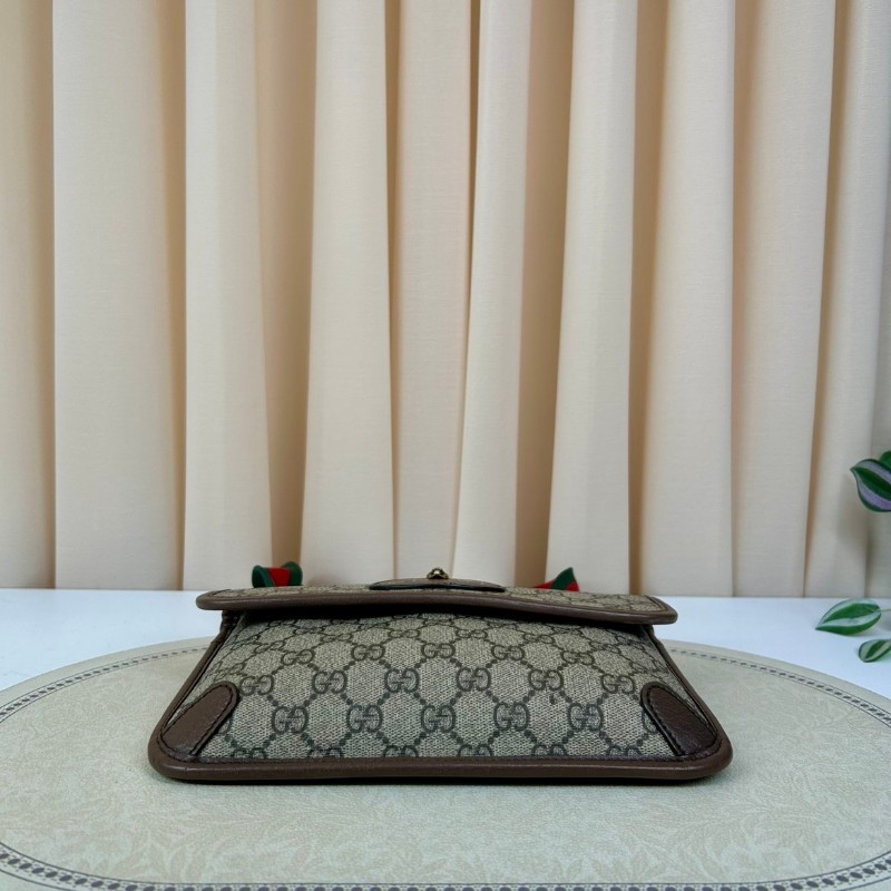 GUCCI古馳Neo Vintage系列  燙金徽標老花滿印虎頭裝飾條紋肩帶 帆布拼皮 郵差包 腰包斜挎包  烏木色/棕色-4