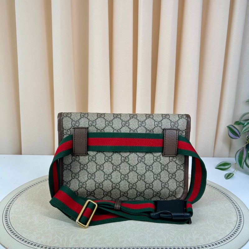 GUCCI古馳Neo Vintage系列  燙金徽標老花滿印虎頭裝飾條紋肩帶 帆布拼皮 郵差包 腰包斜挎包  烏木色/棕色-6