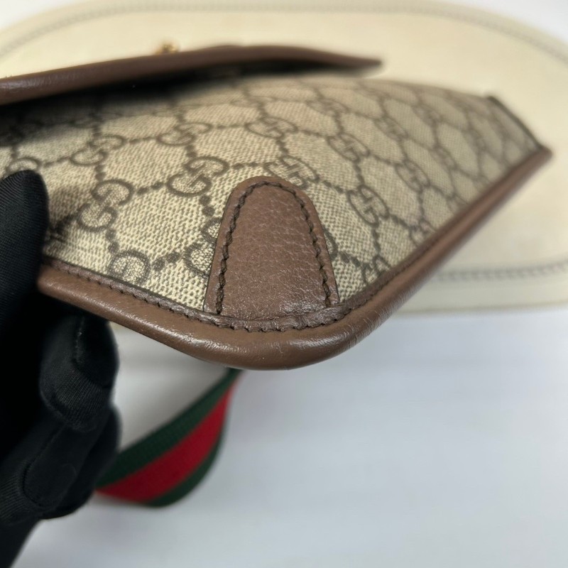 GUCCI古馳Neo Vintage系列  燙金徽標老花滿印虎頭裝飾條紋肩帶 帆布拼皮 郵差包 腰包斜挎包  烏木色/棕色-8