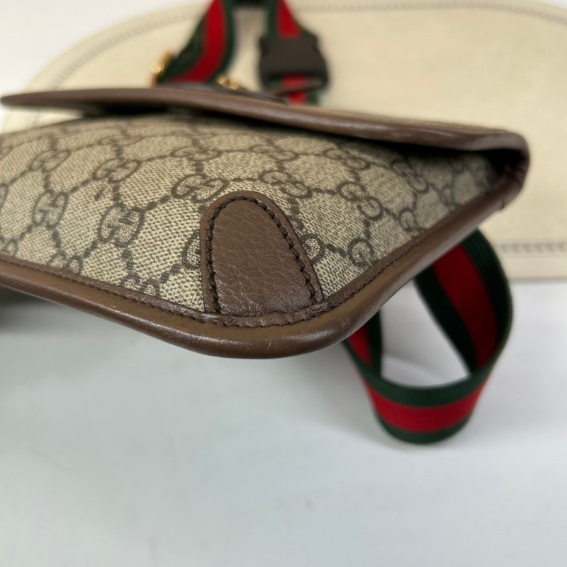 GUCCI古馳Neo Vintage系列  燙金徽標老花滿印虎頭裝飾條紋肩帶 帆布拼皮 郵差包 腰包斜挎包  烏木色/棕色-10