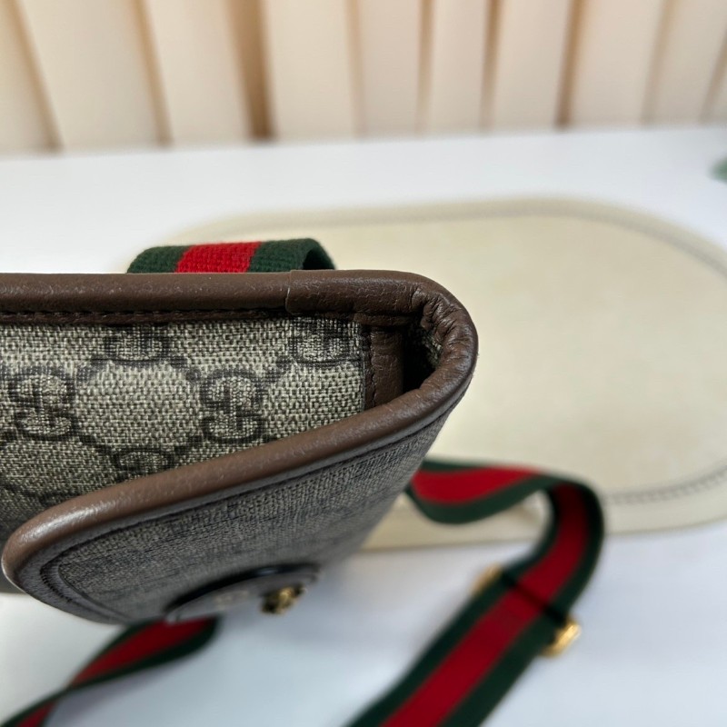 GUCCI古馳Neo Vintage系列  燙金徽標老花滿印虎頭裝飾條紋肩帶 帆布拼皮 郵差包 腰包斜挎包  烏木色/棕色-11