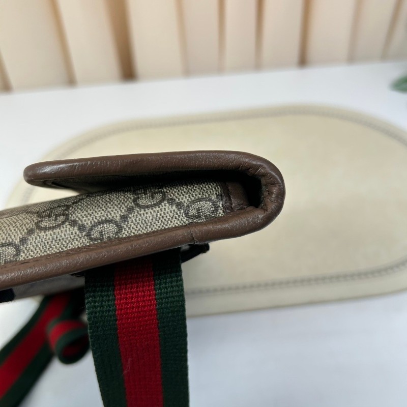 GUCCI古馳Neo Vintage系列  燙金徽標老花滿印虎頭裝飾條紋肩帶 帆布拼皮 郵差包 腰包斜挎包  烏木色/棕色-12