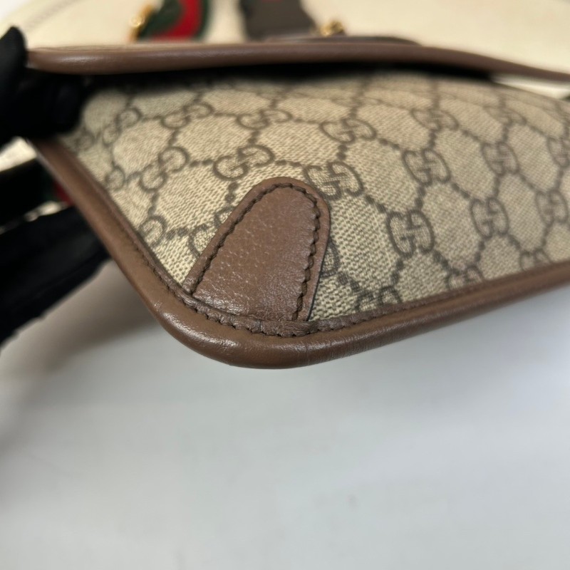 GUCCI古馳Neo Vintage系列  燙金徽標老花滿印虎頭裝飾條紋肩帶 帆布拼皮 郵差包 腰包斜挎包  烏木色/棕色-13