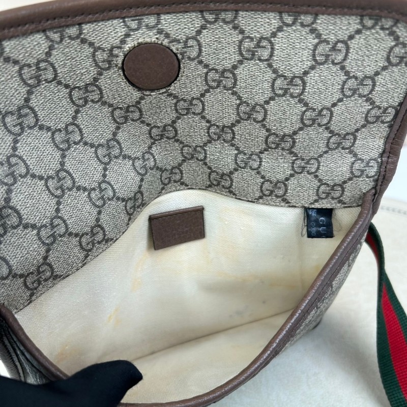 GUCCI古馳Neo Vintage系列  燙金徽標老花滿印虎頭裝飾條紋肩帶 帆布拼皮 郵差包 腰包斜挎包  烏木色/棕色-14