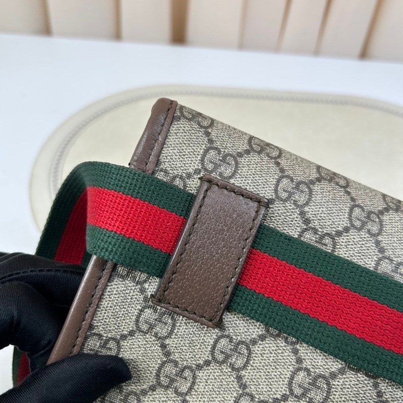 GUCCI古馳Neo Vintage系列  燙金徽標老花滿印虎頭裝飾條紋肩帶 帆布拼皮 郵差包 腰包斜挎包  烏木色/棕色-19