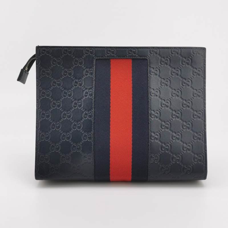 Gucci牛皮帆布拼色條紋雙G老花手拿包-3