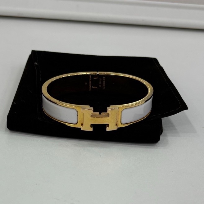 HERMES/愛馬仕 CLIC H 白色琺瑯 金色 手鐲-4