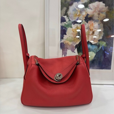 Hermes愛馬仕 Lindy26 紅色銀扣 內裡齋普爾粉 T刻