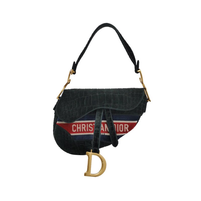 Dior Saddle馬鞍包絨布拼色條紋字母Logo鱷魚紋馬鞍造型單肩包-0