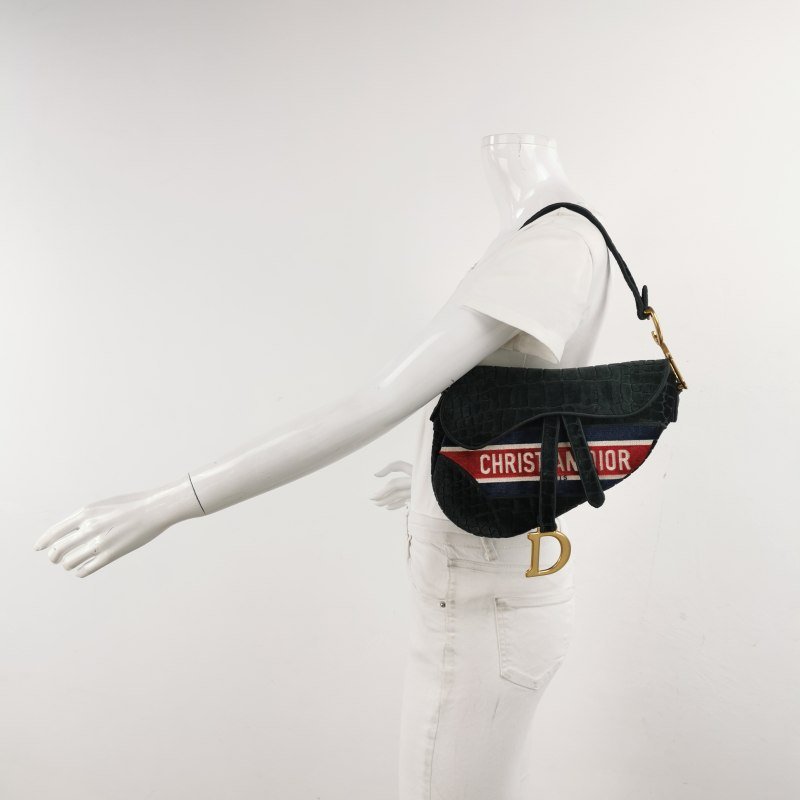 Dior Saddle馬鞍包絨布拼色條紋字母Logo鱷魚紋馬鞍造型單肩包-1