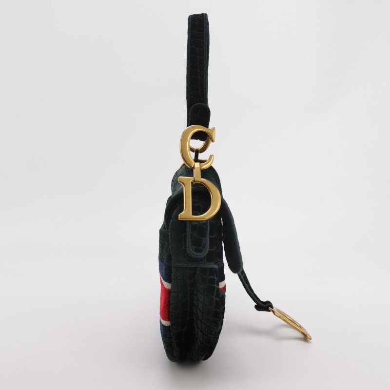 Dior Saddle馬鞍包絨布拼色條紋字母Logo鱷魚紋馬鞍造型單肩包-3