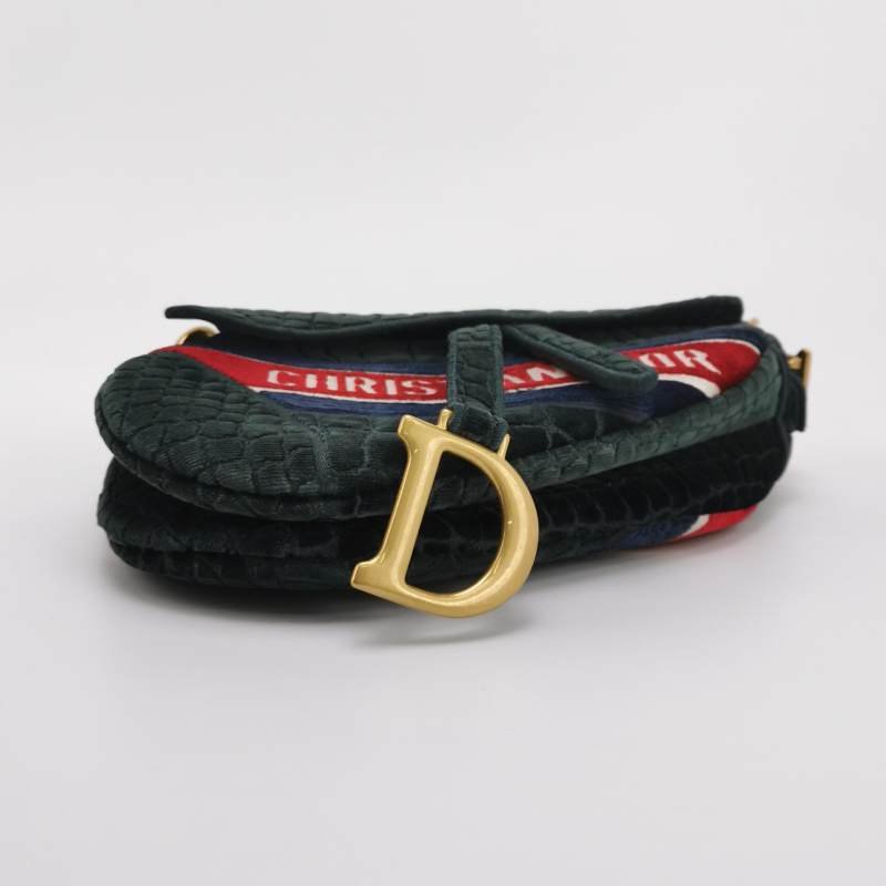 Dior Saddle馬鞍包絨布拼色條紋字母Logo鱷魚紋馬鞍造型單肩包-5