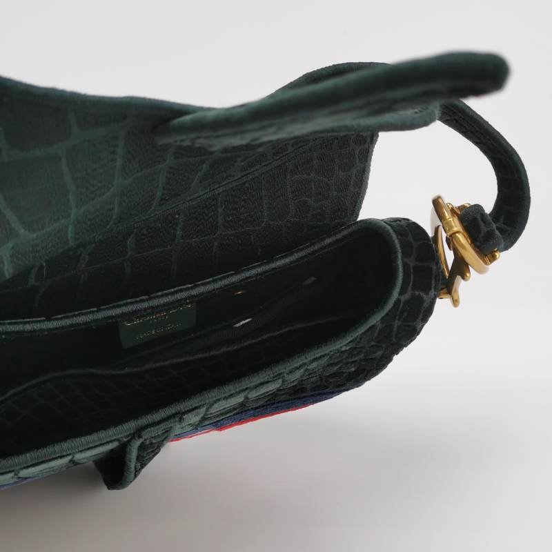 Dior Saddle馬鞍包絨布拼色條紋字母Logo鱷魚紋馬鞍造型單肩包-6