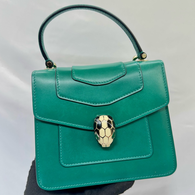 BVLGARI 寶格麗蛇頭系列附鏡手提／肩背兩用包 綠色-0