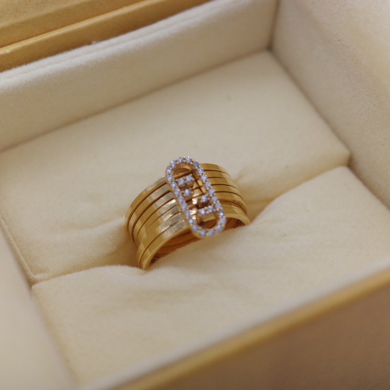 Fendi 芬迪 O'Lock 黃金色 白色水鑽 戒指-7