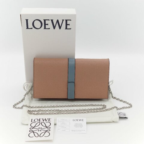 Loewe 羅威 雙色拼接 米色 粉藍色 小牛皮金屬鍊 翻蓋皮夾 斜背包 鏈條包 單肩包 （鏈條可以拆卸）