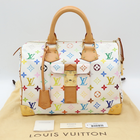 （限量保存款♥️日本同款已經 12 萬了）Louis Vuitton X 村上隆 路易威登 Speedy30 白三彩 經典花紋 手提包 枕頭包