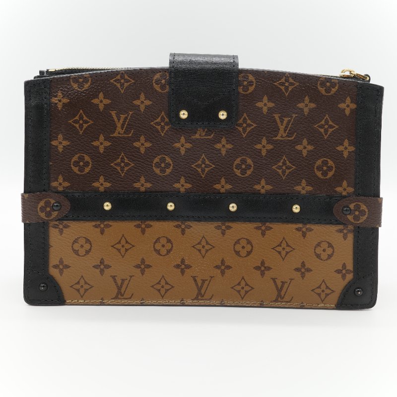 （配件超級全♥️全網最低）Louis Vuitton 路易威登 Monogram Reverse Trunk Clutch 棕色 拼色 金扣 肩背袋-4