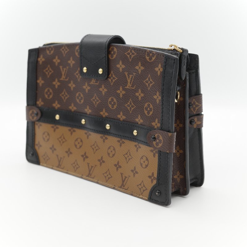 （配件超級全♥️全網最低）Louis Vuitton 路易威登 Monogram Reverse Trunk Clutch 棕色 拼色 金扣 肩背袋-6
