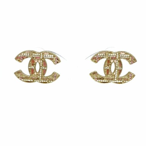 ☆ Chanel 香奈兒 Gold Tone Metal Pink Rhinestones Faux Pearl CC Earrings A19B 金色金屬粉紅色水鑽仿珍珠CC耳環 A19B - 267004151