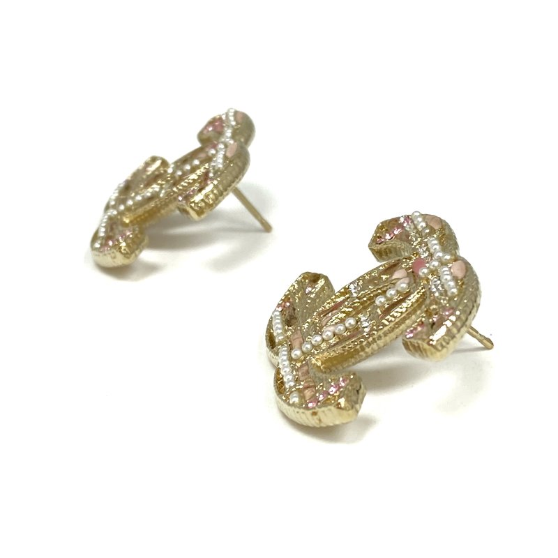☆ Chanel 香奈兒 Gold Tone Metal Pink Rhinestones Faux Pearl CC Earrings A19B 金色金屬粉紅色水鑽仿珍珠CC耳環 A19B - 267004151-7