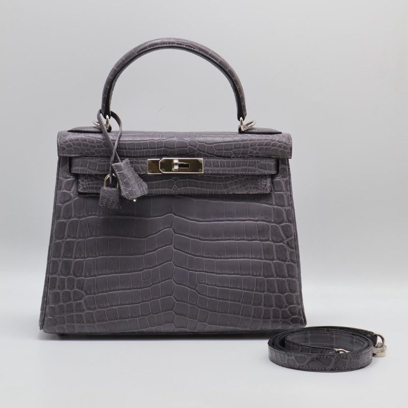 HERMES Kelly 28 霧面鱷魚皮 - 巴黎灰銀 🅀-25