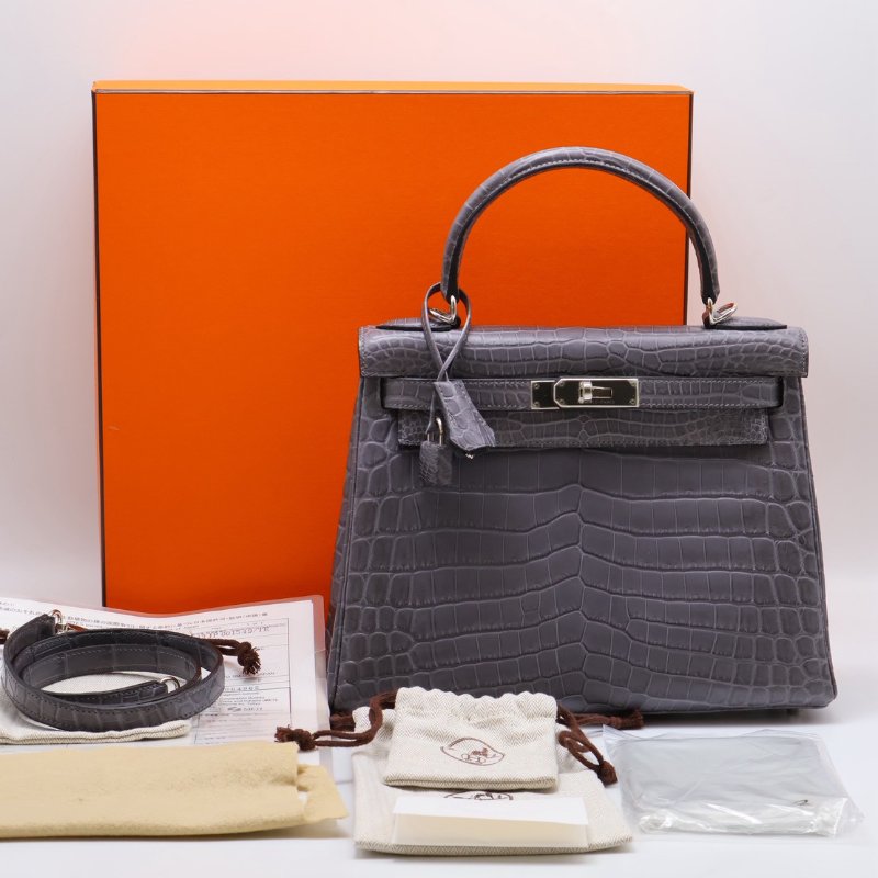 HERMES Kelly 28 霧面鱷魚皮 - 巴黎灰銀 🅀-26