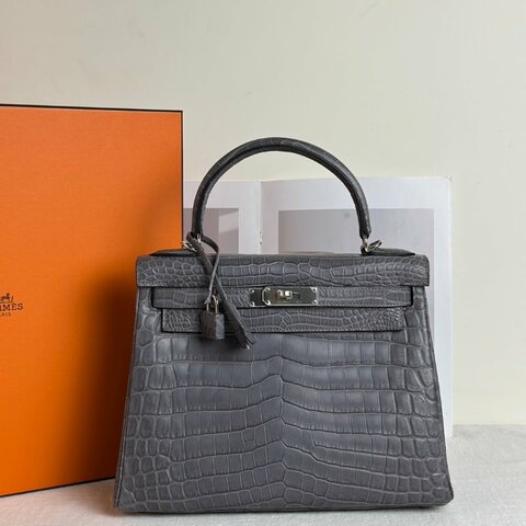 HERMES Kelly 28 霧面鱷魚皮 - 巴黎灰銀 🅀