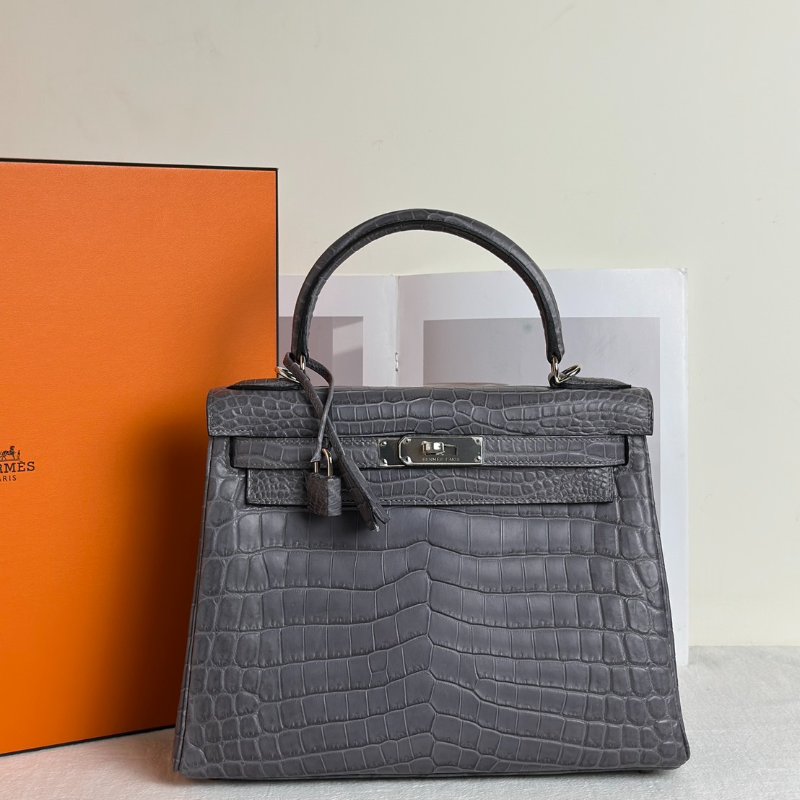 HERMES Kelly 28 霧面鱷魚皮 - 巴黎灰銀 🅀-0