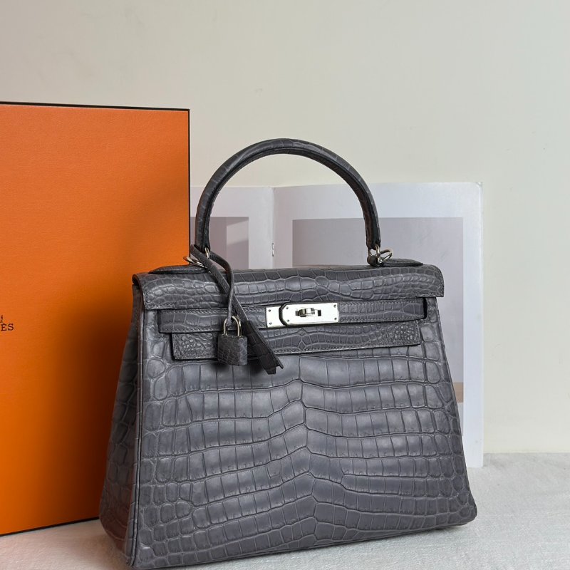 HERMES Kelly 28 霧面鱷魚皮 - 巴黎灰銀 🅀-1