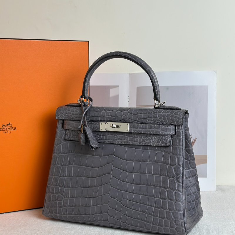 HERMES Kelly 28 霧面鱷魚皮 - 巴黎灰銀 🅀-2