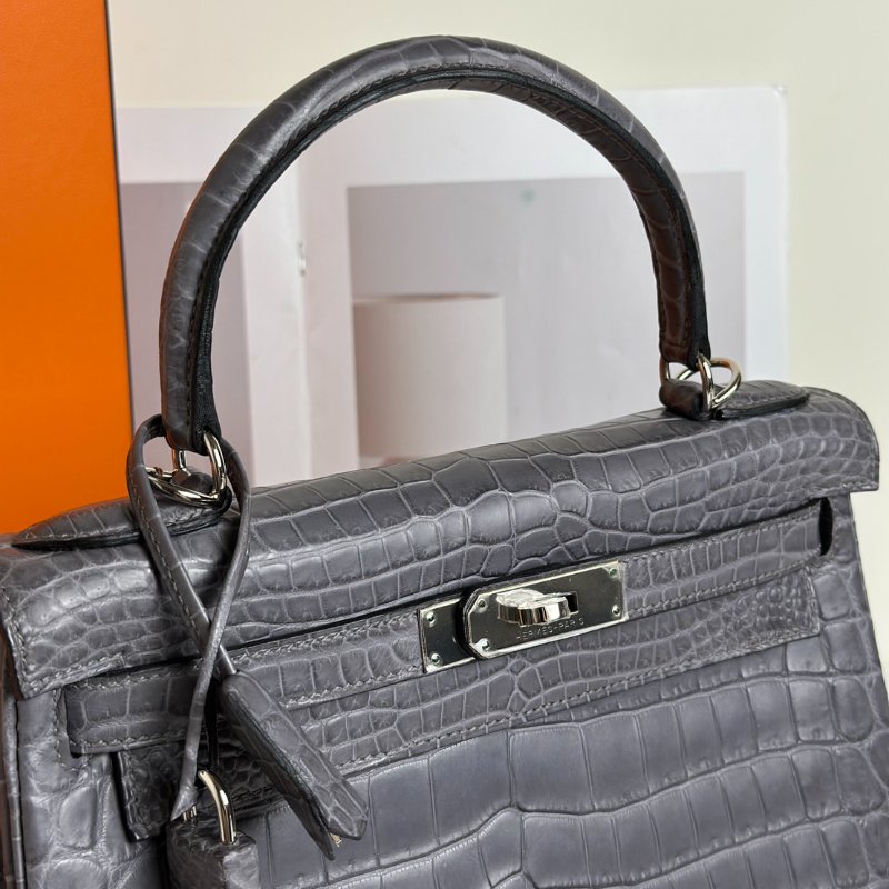 HERMES Kelly 28 霧面鱷魚皮 - 巴黎灰銀 🅀-5
