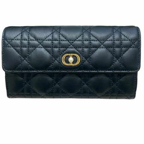 Dior迪奧 Jolie Orchid 長夾 羊皮 籐格紋 黑色 金扣