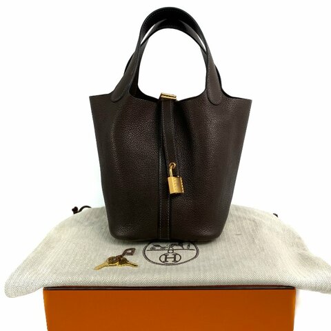 △ Hermes 愛馬仕 46 Ebene Clemence Calfskin Gold Plated Metal Picotin 18 Hand Bag Stamp Z 46烏木色粒紋小牛皮鍍金金屬手袋Z刻 - 267003841