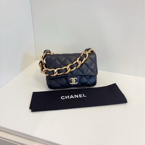 【98新🆕】Chanel 芯片款 22S CF方胖子 黑色金扣 粗鏈條單肩 腋下包