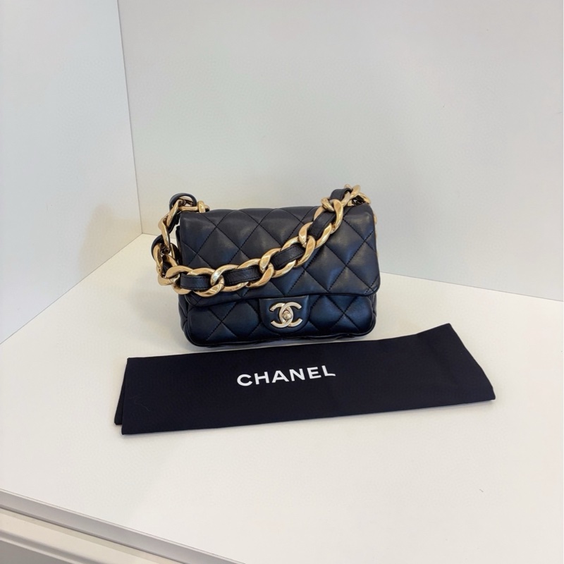 【98新🆕】Chanel 芯片款 22S CF方胖子 黑色金扣 粗鏈條單肩 腋下包-0