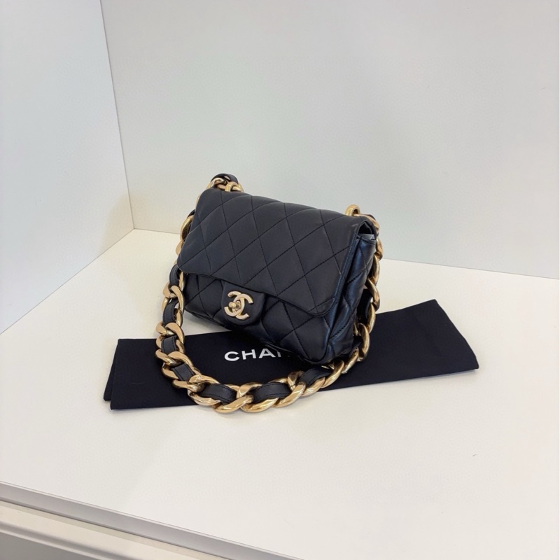 【98新🆕】Chanel 芯片款 22S CF方胖子 黑色金扣 粗鏈條單肩 腋下包-2