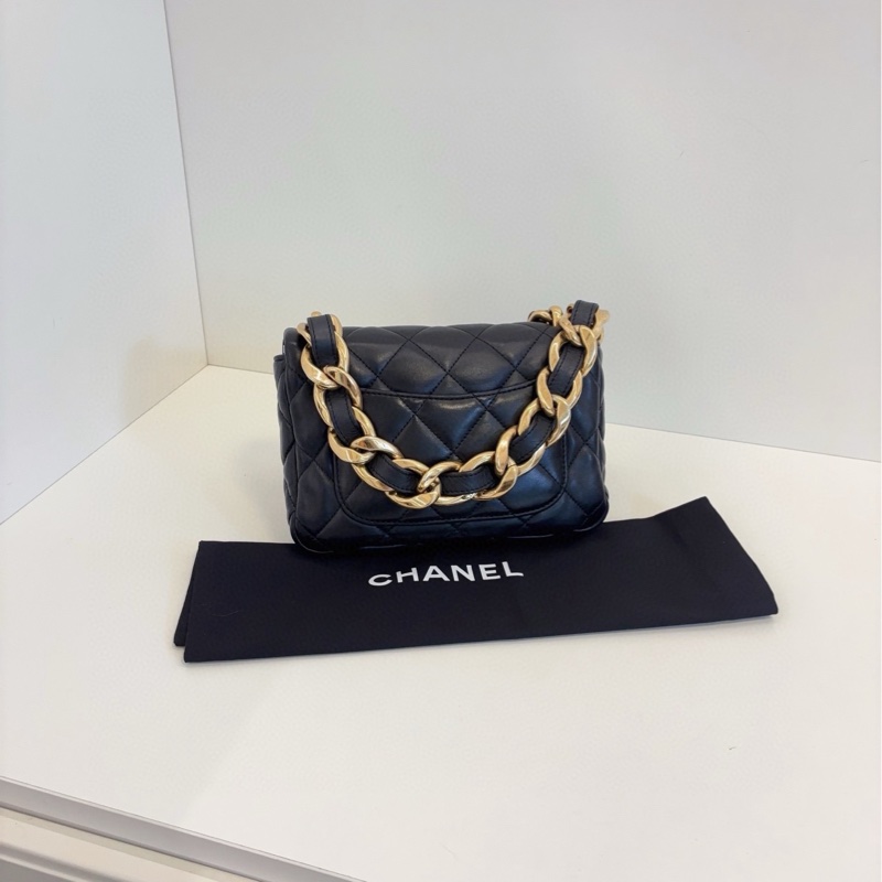 【98新🆕】Chanel 芯片款 22S CF方胖子 黑色金扣 粗鏈條單肩 腋下包-3