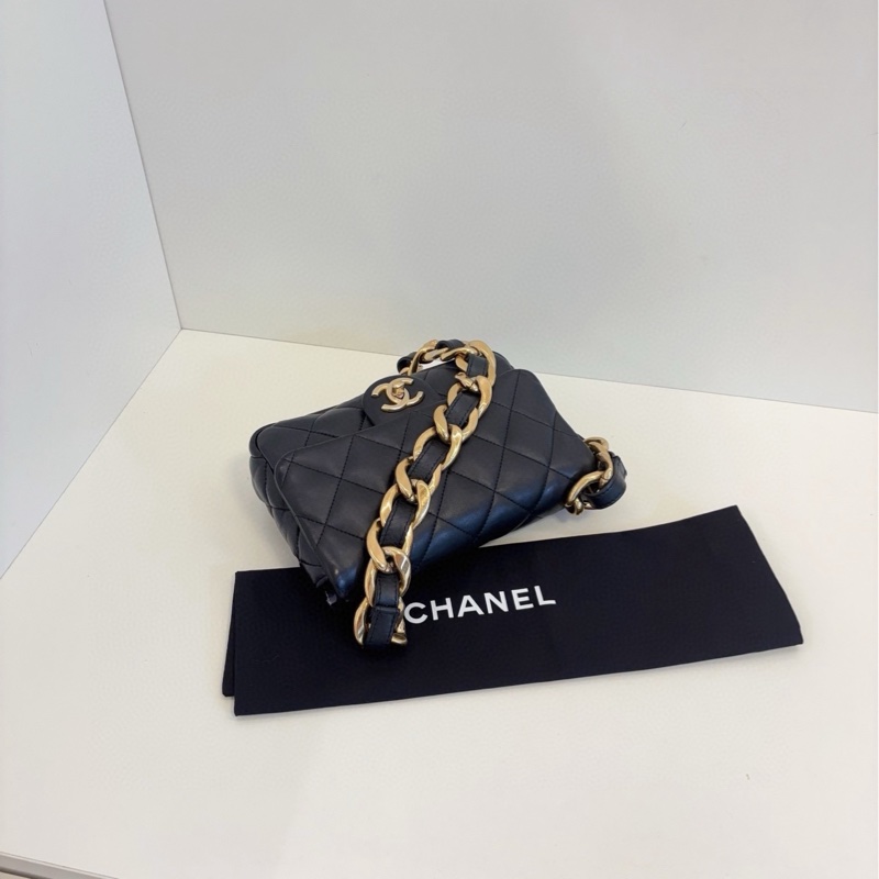 【98新🆕】Chanel 芯片款 22S CF方胖子 黑色金扣 粗鏈條單肩 腋下包-5