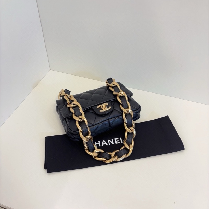 【98新🆕】Chanel 芯片款 22S CF方胖子 黑色金扣 粗鏈條單肩 腋下包-7