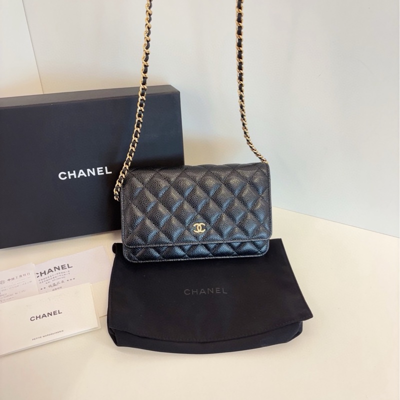 【99新閒置全套帶票🆕】Chanel 芯片 黑金荔枝皮woc 發財包手提包 斜挎包 單肩包-4