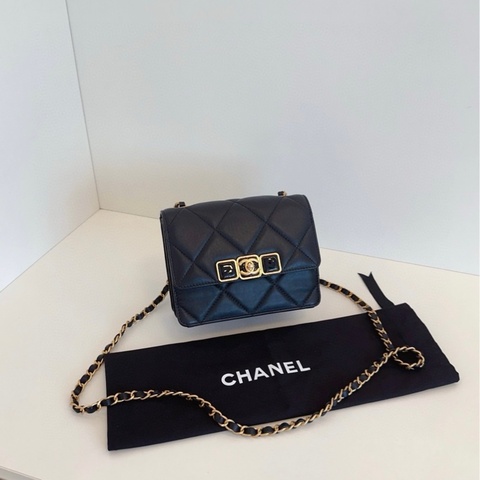 【98新🆕】Chanel22A黑金琺瑯扣CF鏈條方胖子 芯片款 牛皮大菱格 斜挎包 單肩包