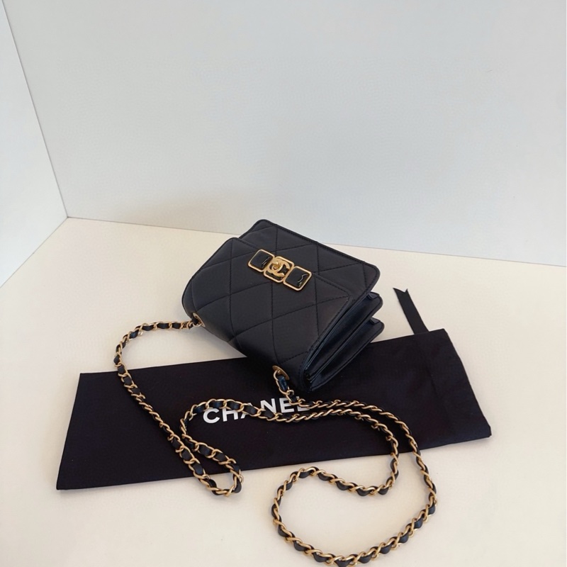 【98新🆕】Chanel22A黑金琺瑯扣CF鏈條方胖子 芯片款 牛皮大菱格 斜挎包 單肩包-3