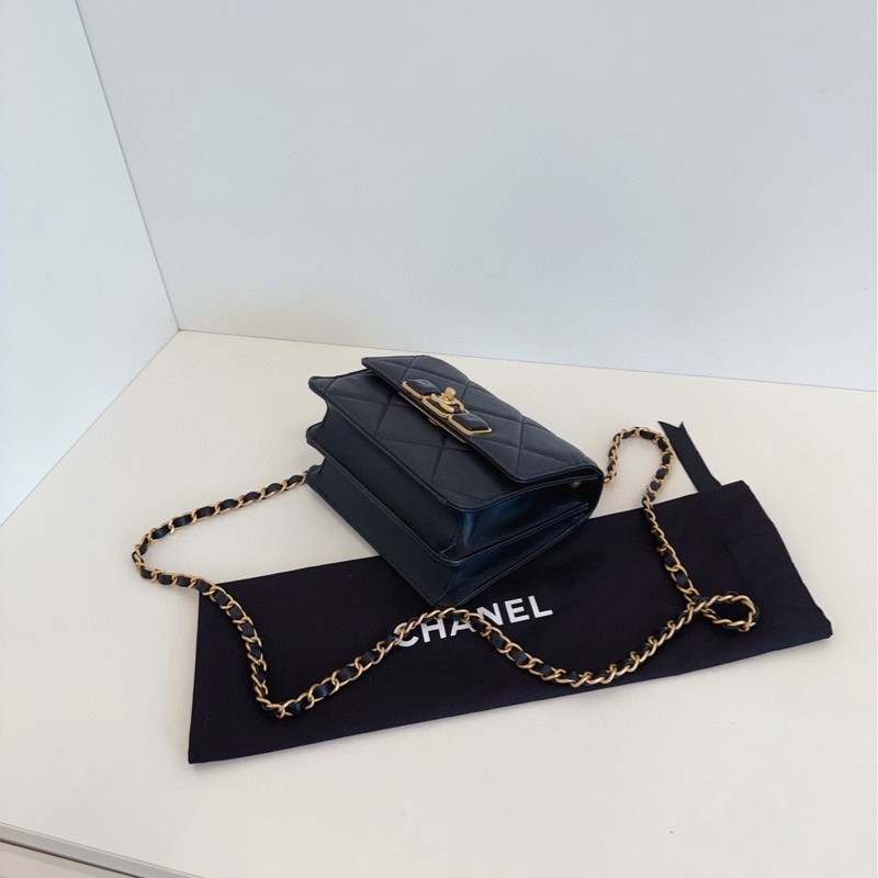 【98新🆕】Chanel22A黑金琺瑯扣CF鏈條方胖子 芯片款 牛皮大菱格 斜挎包 單肩包-5
