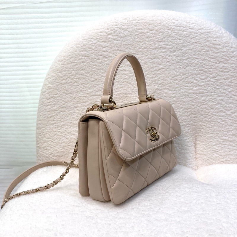 Chanel香奈兒奶茶色羊皮TrendyCC手提側背包三層翻蓋淡金釦經典菱格A92236-6